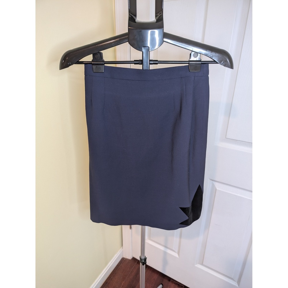 Escada Couture VTG Pencil‎ Skirt Navy Blue Wool Velvet Star Detail - Size 36 (S)